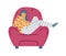 Tired lazy female character sleep in red armchair at home a vector illustration.