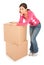 Tired Looking Woman Leaning on Boxes