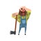Tired lumberjack leaning on axe and rubbing his forehead with his hand. Cartoon bald man character in green checkered