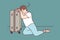 Tired man sleeps resting head on travel suitcase after difficult business trip. Vector image