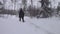 Tired middle aged man walks away in snow shoes in forest covered in freshly fallen snow. Snow shoes makes the walk much easier.