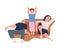 Tired Mom and Dad on Sofa Exhausted with Noisy and Energetic Son Playing Around Vector Illustration