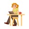 Tired Mom Sitting at Laptop at Desk Working with Frown Face Vector Illustration