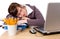 Tired office worker sleeping on her desk, isolated