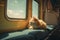 Tired old cat watching out of a window of old train or camper van, AI generative