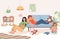 Tired parents with little child in the living room vector flat illustration. Parenthood, parenting concept.
