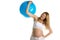 Tired pregnant woman picks up big blue ball