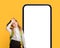 Tired Preteen Schoolgirl Standing Near Big Smartphone With Blank Screen