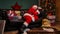 Tired Santa Claus sleeps on the couch, wakes up, checks if gifts are on the spot and falls asleep again. An old man