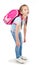 Tired schoolgirl with heavy backpack isolated