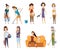 Tired woman household. Housewives characters busy domestic work. Sad mom working at home, tired female vector set