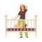 Tired woman in postpartum depression near baby bed, flat vector illustration.