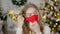 Tired woman take off protective face mask while standing in festive decorated home for Christmas