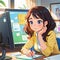 Tired woman working in office with computer, cute simple anime style illustration