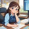 Tired woman working in office with computer, cute simple anime style illustration