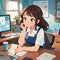 Tired woman working in office with computer, cute simple anime style illustration