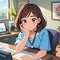 Tired woman working in office with computer, cute simple anime style illustration