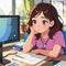 Tired woman working in office with computer, cute simple anime style illustration
