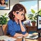 Tired woman working in office with computer, cute simple anime style illustration