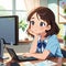 Tired woman working in office with computer, cute simple anime style illustration