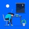 A tired woman works at night. Working at home, telework, freelance. Vector flat illustration.