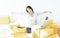 Tired young casual Asian business woman working small business online packing her sleep, Overwork load packing box,Shipping