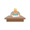 Tired young man sitting at the desk and reading a book, student studying hard before the exam vector Illustration on a
