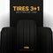 Tires car advertisement poster. Black rubber tire on the background with wheel tire tracks.