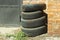 Tires from car. Used wheels. Rubber warehouse