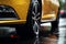 Tires in rain Close up view, car maneuvering on wet pavement