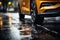 Tires in rain Close up view, car maneuvering on wet pavement