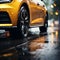 Tires in rain Close up view, car maneuvering on wet pavement