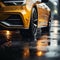 Tires in rain Close up view, car maneuvering on wet pavement