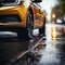 Tires in rain Close up view, car maneuvering on wet pavement