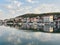 Tisno, Croatia - City landscape in the morning overlooking the marina with boats. Murter Island