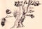 Tit on a branch of pine, a graphic mascara drawing in chinese style