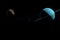 Titania moon orbiting around Uranus planet in the outer space. 3d render