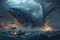 Titanic Battle: Sea Monster vs Whale - A Stunning 8k Concept Art with Lightning Strikes and Sharp Details