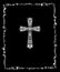 Title with Christian ornate floral cross and vintage frame. Black and white