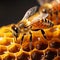 . title. close-up view of bees on honeycombs collecting nectar and producing honey.