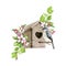 Titmouse bird on the birdhouse in flower decor. Watercolor illustration. Hand drawn spring decoration with titmouse