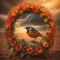 Titmouse in a wreath of flowers on a background of sunset. generative ai