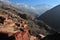 Tizi Oussem Village in High Atlas Mountains with highest picks in the back, Morocco