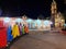 Tlaxco, Tlaxcala, Mexico - Jan 29 2023: Night view of colored letters, the church in the Mexican city which is a magical tow