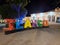 Tlaxco, Tlaxcala, Mexico - Jan 29 2023: Night view of colored letters, the church in the Mexican city which is a magical tow