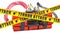 TNT bomb explosive with digital countdown timer clock and danger caution barrier tapes, 3D rendering
