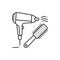 To dry hair black line icon. Hair styling items, dryer and hairbrush. Hairdresser services. Beauty industry. Pictogram for web