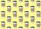 To-go drink. Pattern design with paper coffee cup on light yellow background