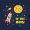 To the Moon print with cute frog flying in a rocket. Funny card in cartoon style