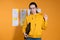 To present your project in front of colleagues or partners, a young woman in a yellow hoodie,